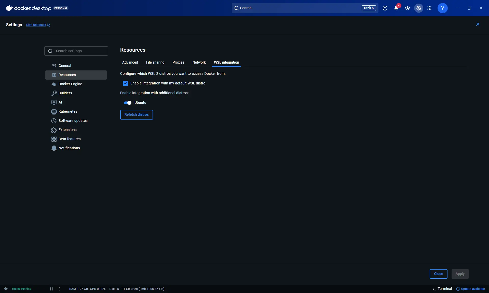 Docker DesktopのWSL Integration設定をオンにする様子